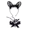 Detail of black lace cat ears headband and choker set with ribbon and bell accents - Lace Cat Ears Headband + Large Bell Lace Choker