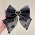 Black tulle oversized bow hair clip with flocked hearts and a heart-shaped rhinestone - Black Lace Heart Rhinestone Bow Clip