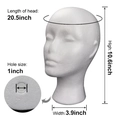 White foam mannequin head with detailed size measurements for wigs and hats display - Foam Mannequin Head (YCSM013) / OPP Bag Packaging / White