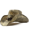 Vintage woven straw cowboy hat with brown leather band and bronze bull skull pendant - M(56-58cm) / Vintage Yellow Black (01)