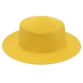 Close-up detail view of a bright yellow French style straw beach hat with a flat top design - Yellow