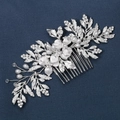Pettine per capelli sposa argento con perle, cristalli e delicati decori a foglia e fiori - Argento