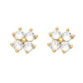 Close-up of gold flower stud earrings with four sparkling round-cut white zircons - Type E - White Zircon Four-petal Flower