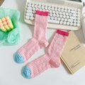 Pink crew sock with red cuff and blue toe detail on a stylish retro desk setup - One Size / Multicolor Pink (Red Cuff/Blue Toe)