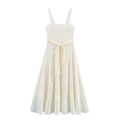 Abito lungo bianco elegante in pizzo francese con cintura e trama jacquard - XS / Bianco latte