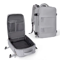 Detailed view of grey travel backpack main compartment with multiple storage pockets - Horizontal Double Zipper / Dark Gray