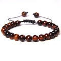 Adjustable braided bracelet with 8-10mm glossy reddish-brown tiger's eye gemstone beads - Red Tiger Eye