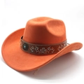 Detailed macro view of orange suede cowboy hat with brown floral embroidered leather band - M (56-58cm) / Orange