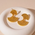 Close-up of vintage gold fan-shaped earrings with textured relief on a white tray - Golden Geometric Fan Earrings (Silver Pin)