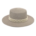 Detail of dark straw flat top hat featuring an elegant faux pearl mesh band decoration - M (56-58cm) / Light Gray