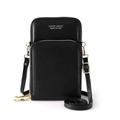 Women's black pebbled faux leather crossbody cell phone bag with gold zipper hardware - Black