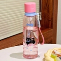 Pink cartoon plastic water bottle with black cat patterns and convenient hand strap - Pink