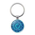 Macro detail of mandala pattern art glass pendant on polished metal keychain ring - Style 8 / Silver