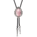 Pink agate bolo tie with vintage silver crown frame and black braided leather cord - Pink Agate