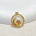 Gold plated circular pendant with crescent moon, star design and colorful gemstones - Hollow Disc - Colorful Moon Star
