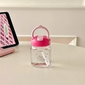 Pink portable glass water bottle with cute rabbit print and carry handle lid - 260ml / Rose Rabbit