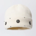 Thickened winter knitted ear-protection beanie in cream white with daisy rhinestones - One Size / White (Snowflake)