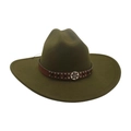 Chapeau en feutre de laine vert olive avec bandeau en cuir marron et clous métalliques - Large Bord Grande Décoration d'Engrenage / Vert Armée