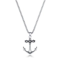 Detail view of silver trident anchor pendant with skull motif and vintage steel chain - Anchor Skull