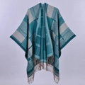 Thick ethnic knit shawl with teal and gray plaid pattern and tassels for autumn winter - Lake Blue Twill Colorblock Plaid
