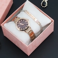 Women's gold quartz watch with brown dial and His Queen bracelet gift set in box - 240125 Brown Watch + Bracelet + Box