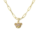 Golden paperclip chain necklace with a cute pink zircon micro-paved bear head pendant - Purple