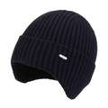 Winter navy blue ribbed knit trapper beanie with earflaps and silver metal logo detail - Navy Blue