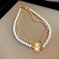 Collier double rang avec perles blanches et pendentif papillon doré au style rétro - Nœud en strass de perles à double couche rétro (84# Collier-6mm)