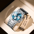 Poedagar men's luxury silver steel watch with blue sunray dial and chronograph feature - Silver Case Blue Dial