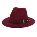 Classic burgundy wool fedora hat with a vintage brown leather belt and golden metal buckle - M (56-58cm) / Burgundy