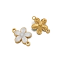 Gold stainless steel flower pendant with white enamel and centered pearl charm - Double Hole / Off White