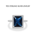 925 sterling silver ring featuring a rectangular deep blue gemstone with diamond halo - US Size 5 / Platinum (Blue Zirconia)