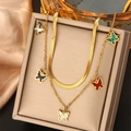 Double-layer gold necklace with butterfly pendants on smooth snake chain for women - Gold N-76 (Five Color Butterfly Snake Chain)