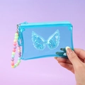Blaue transparente Flügeltasche mit bunter Perlen-Handschlaufe und Glitzer-Pailletten - Perlenkettenanhänger / Blau