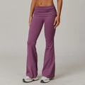 High waist purple flare yoga pants with ruched design and moisture-wicking stretch fabric - Plum Purple