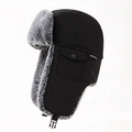 Black trapper hat with grey faux fur lining and chin buckle for winter warmth - Black