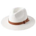Foldable white Panama straw hat with brown leather band and silver rivet accents - M (56-58cm) / Milk White