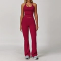 Burgundy halter-neck yoga set featuring slim-fit crop top and high-waisted flared pants - S / Raspberry Red (Top+Flared Pants)