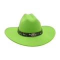 Neon green felt fedora hat featuring a lion head metal emblem and Greek key pattern band - Grass Green