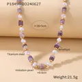 Collier en acier titane plaqué or avec perles d'améthyste et perles d'imitation - Collier Or