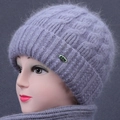 Thick purple knit hat and scarf set for elderly women featuring warm plush lining - Beanie / Light Gray