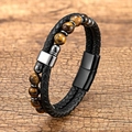 Men's double-layer bracelet with black braided leather and brown tiger eye stone beads - 23CM / Black Style 5