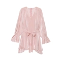Elegant light pink V-neck wrap dress with metallic sheen and flared sleeves on white background - XS / Pink