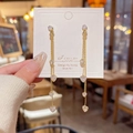 Long gold tassel earrings with sparkling heart zircons and S925 silver needles - E0239 Gold Heart Zirconia Tassel