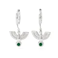 Silver bird hoop earrings with green zircon wings and emerald pendant detail - Silver Bird with Green Zirconia (PDE931)