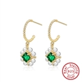 925 silver hook earrings with white pearl and green square gemstone in golden finish - Pearl Green Gem Hook / Gold White Green (SE301)