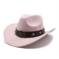 Detail of pink wool felt cowboy hat featuring leather band with turquoise studs and star buckle - M (56-58cm) / Pink