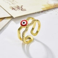 Gold-plated double-layer open ring featuring a red evil eye and clear cubic zirconia pavé - Red Enamel Style (ZYN-DMR52G-3)