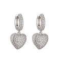 Silver micro-pave heart drop earrings with sparkling zircon crystals on white background - Earrings / White Gold