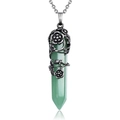Close-up of green aventurine hexagonal crystal pendant with vintage silver flower wrap - Green Aventurine